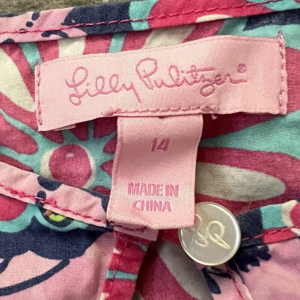 Lilly Pulitzer Girls Jungle Animal Print Tunic Blouse Size 14 Cotton Pink Blue